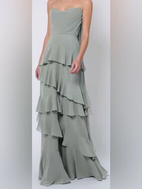 Strapless Ruffle Tiered Evening Dress in Sage